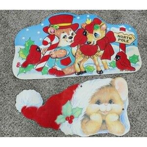 Vintage Flocked CHRISTMAS Paper Wall Decoration Eureka-18” North Pole Scene Cat